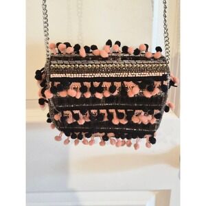 Lulu by Diego Binetti Beaded Pom Pom Crossbody Bag Pink Black Silver NWT